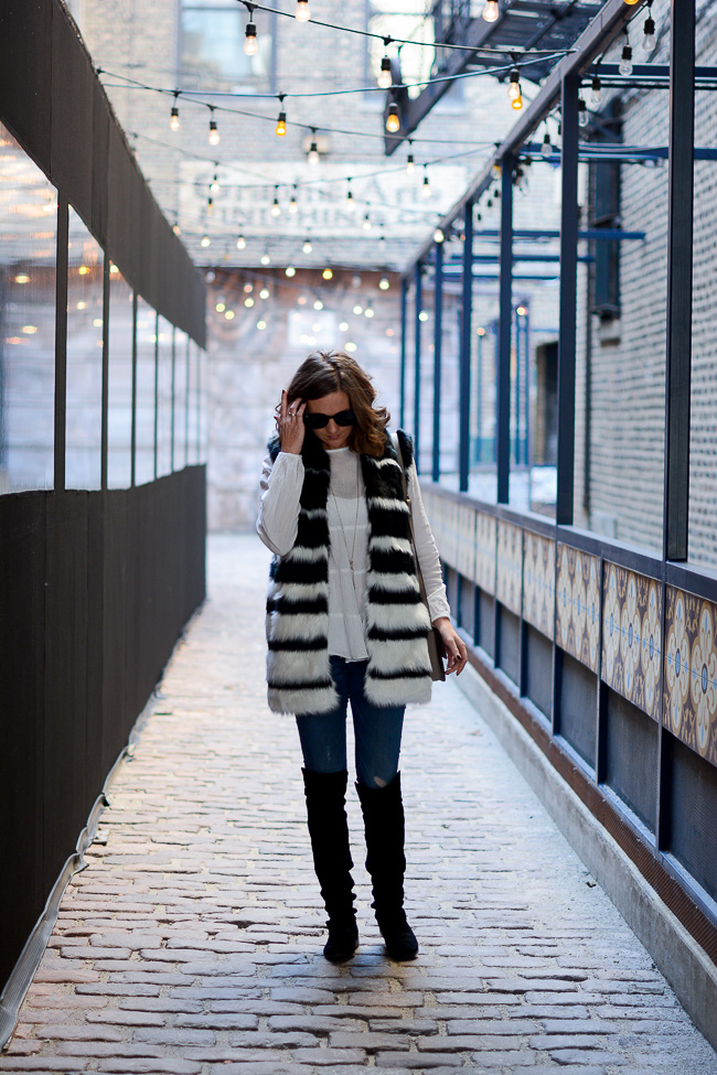 forever 21 striped faux fur vest, boho chic, chloe dupe, chloe faye bag, chloe faye dupe, dressing chic in the winter, how to stay warm and look great, wishes & reality