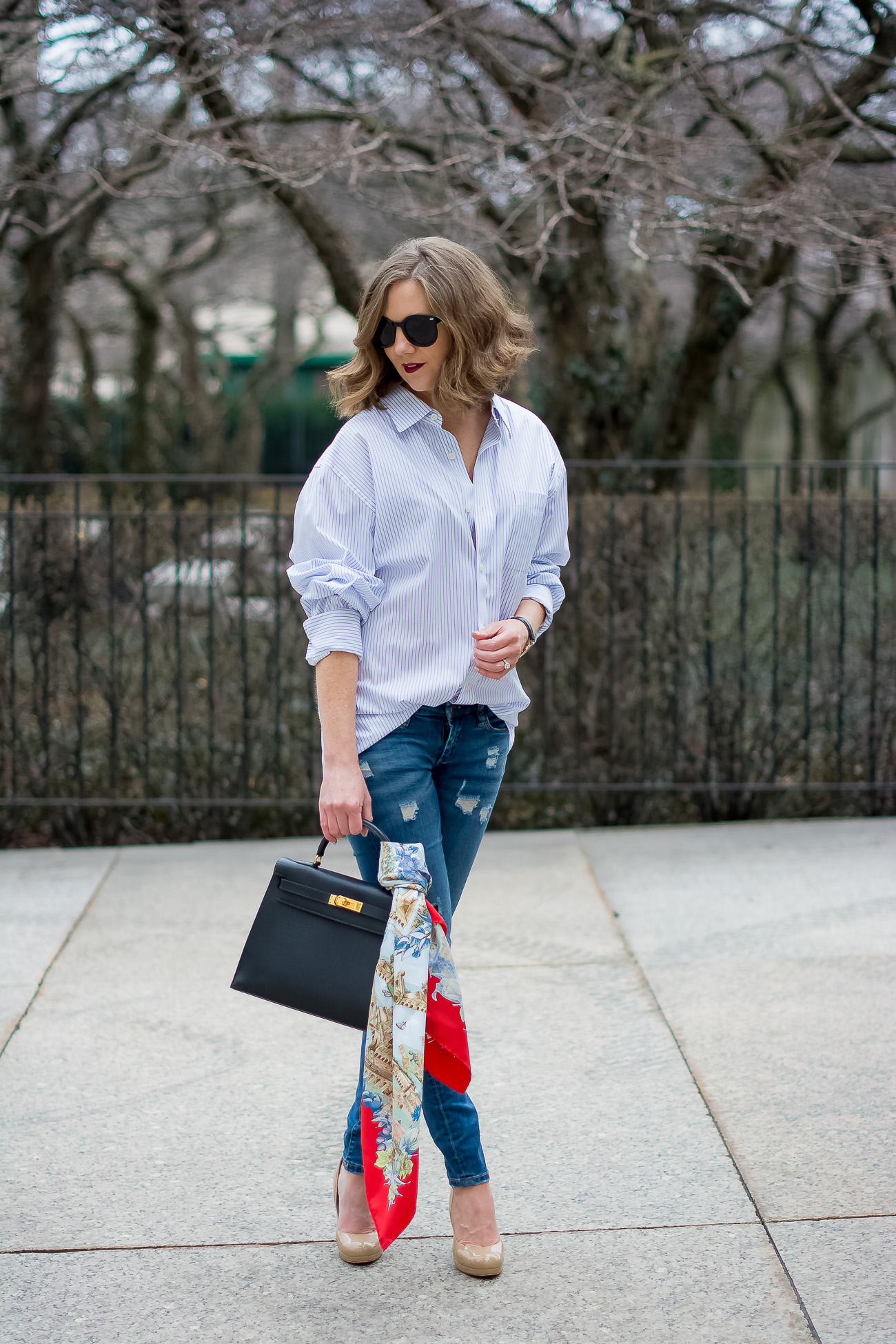 -hermes-kelly-bag-casual-outfit-hermes-vintage-scarf-oversized-pinstripe-button-down-distressed-skinny-jeans-blank-nyc-LK-Bennett-nude-pumps-classic-casual