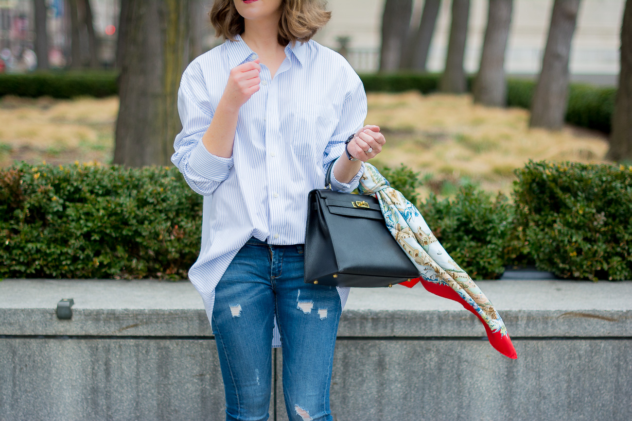 -hermes-kelly-bag-casual-outfit-hermes-vintage-scarf-oversized-pinstripe-button-down-distressed-skinny-jeans-blank-nyc-LK-Bennett-nude-pumps-classic-casual