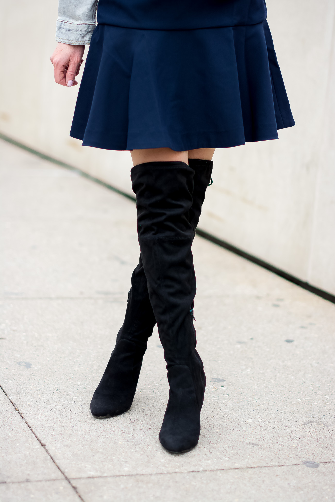 banana-republic-fit-and-flare-dress-steve-madden-over-the-knee-faux-suede-black-boots-vintage-meets-modern-outfit