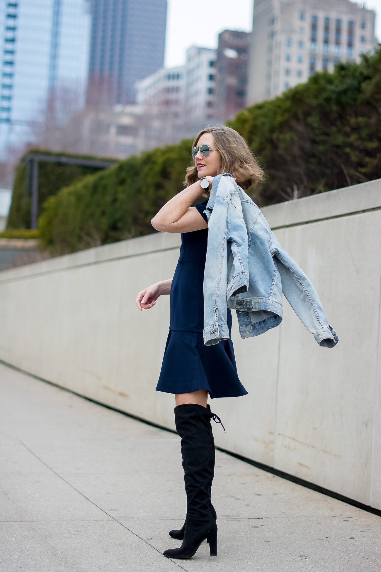 target-light-wash-denim-jacket-banana-republic-fit-and-flare-dress-steve-madden-over-the-knee-faux-suede-black-boots-vintage-rhinestone-brooches-mirrored-aviators-vintage-meets-modern-outfit