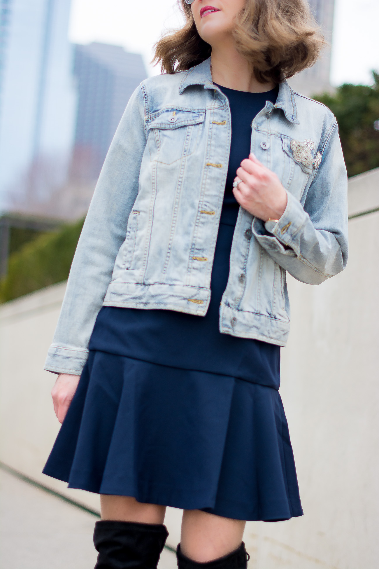 target-light-wash-denim-jacket-banana-republic-fit-and-flare-dress-steve-madden-over-the-knee-faux-suede-black-boots-vintage-rhinestone-brooches-mirrored-aviators-vintage-meets-modern-outfit
