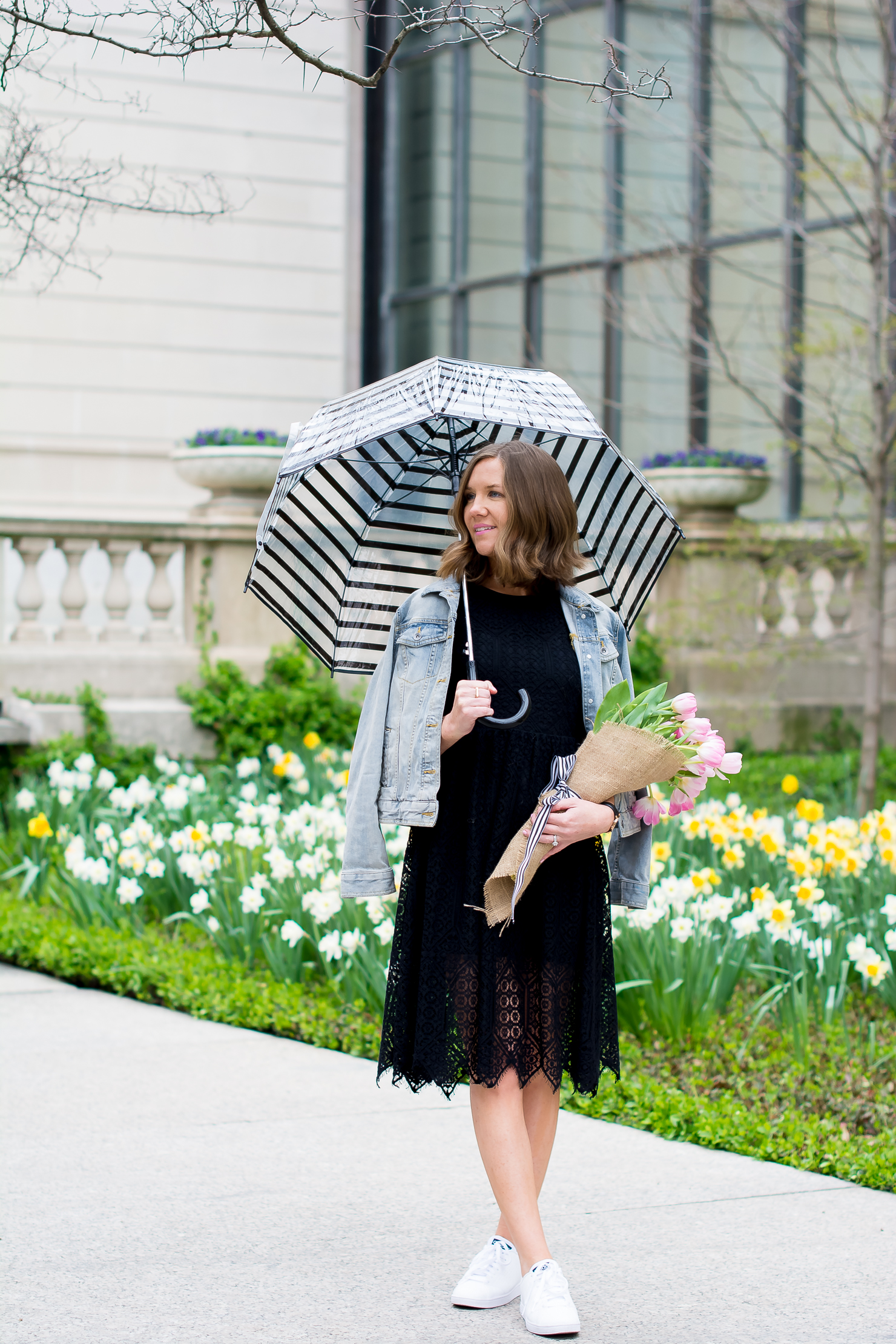 H&M-black-lace-midi-dress-merona-denim-jacket-adidas-neo-clean-sneakers-pink-tulips-striped-bubble-umbrella-chicago-art-institute