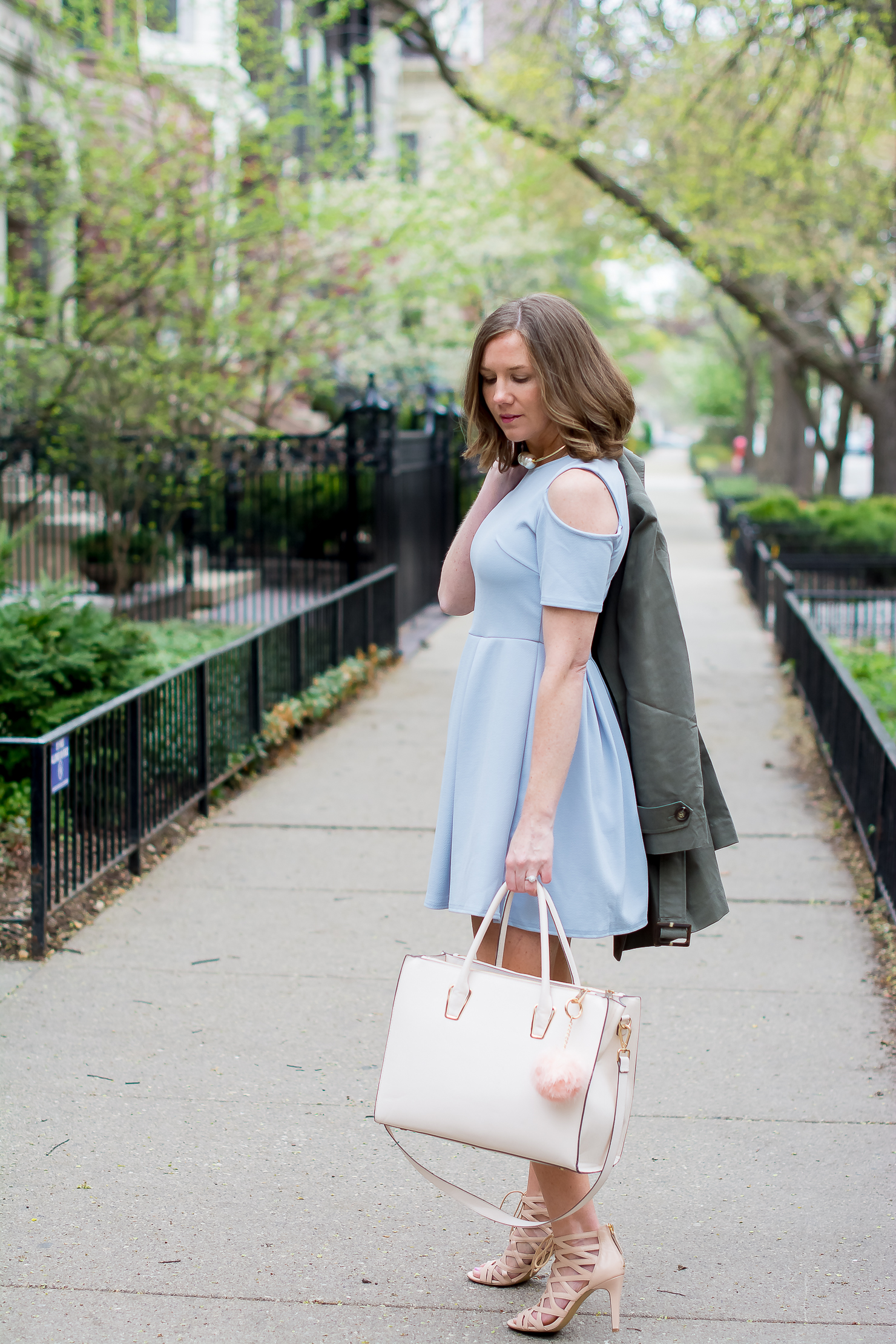 asos-skater-trench-boohoo-cold-shoulder-skater-dress-h&m-blush-tote-blush-fur-bag-pompom-nude-lace-up-sandals-spring-in-chicago