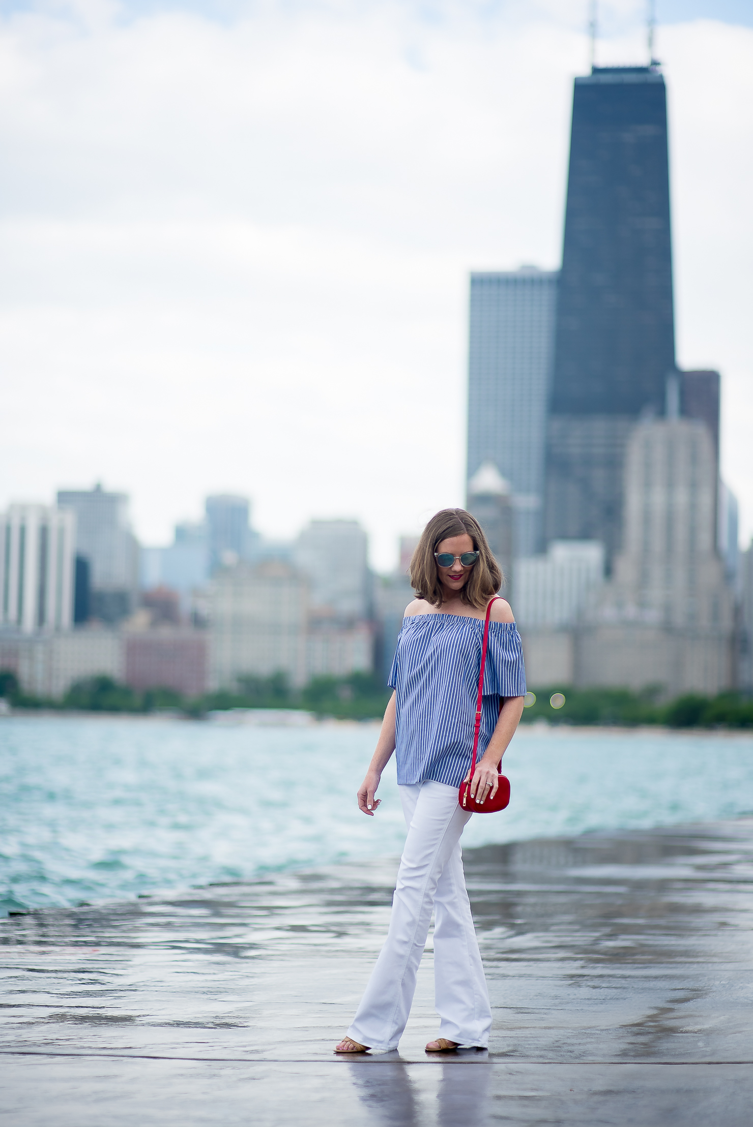 banana-republic-blue-striped-off-the-shoulder-top-white-flared-jeans-red-forever-21-crossbody-pouch-chicago-skyline-north-ave-beach