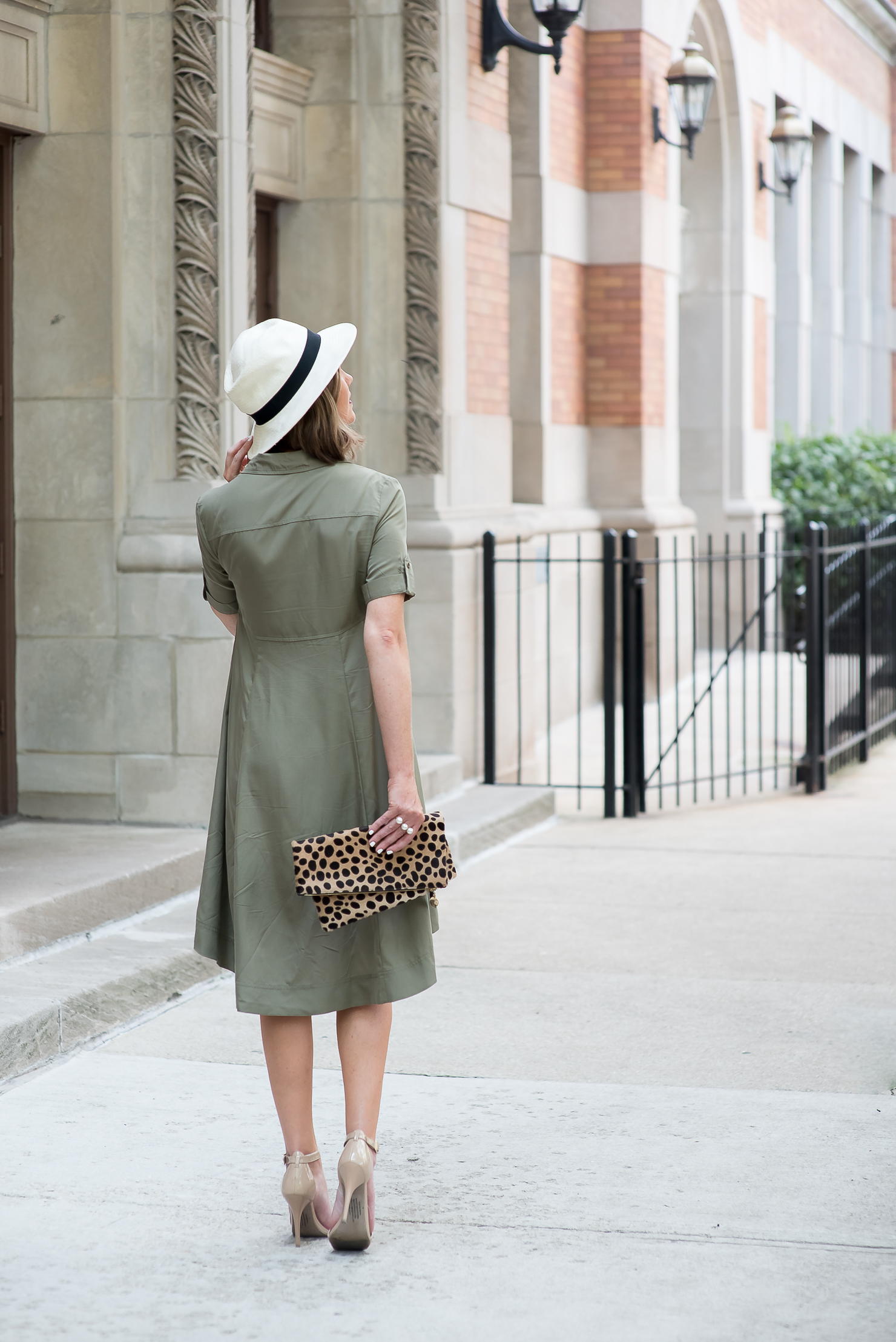 ECI-empire-waist-utility-dress-nude-pumps-clare-v-foldover-leopard-clutch-straw-fedora