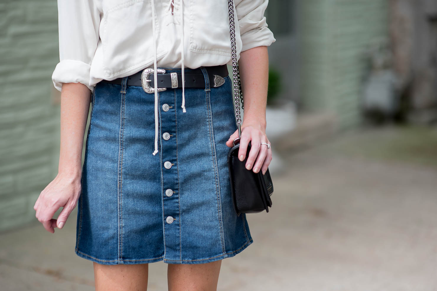 wishes-and-reality-free-people-under-your-spell-lace-up-blouse-deinim-button-front-mini-skirt-western-style-belt-transitional-fall-outfit