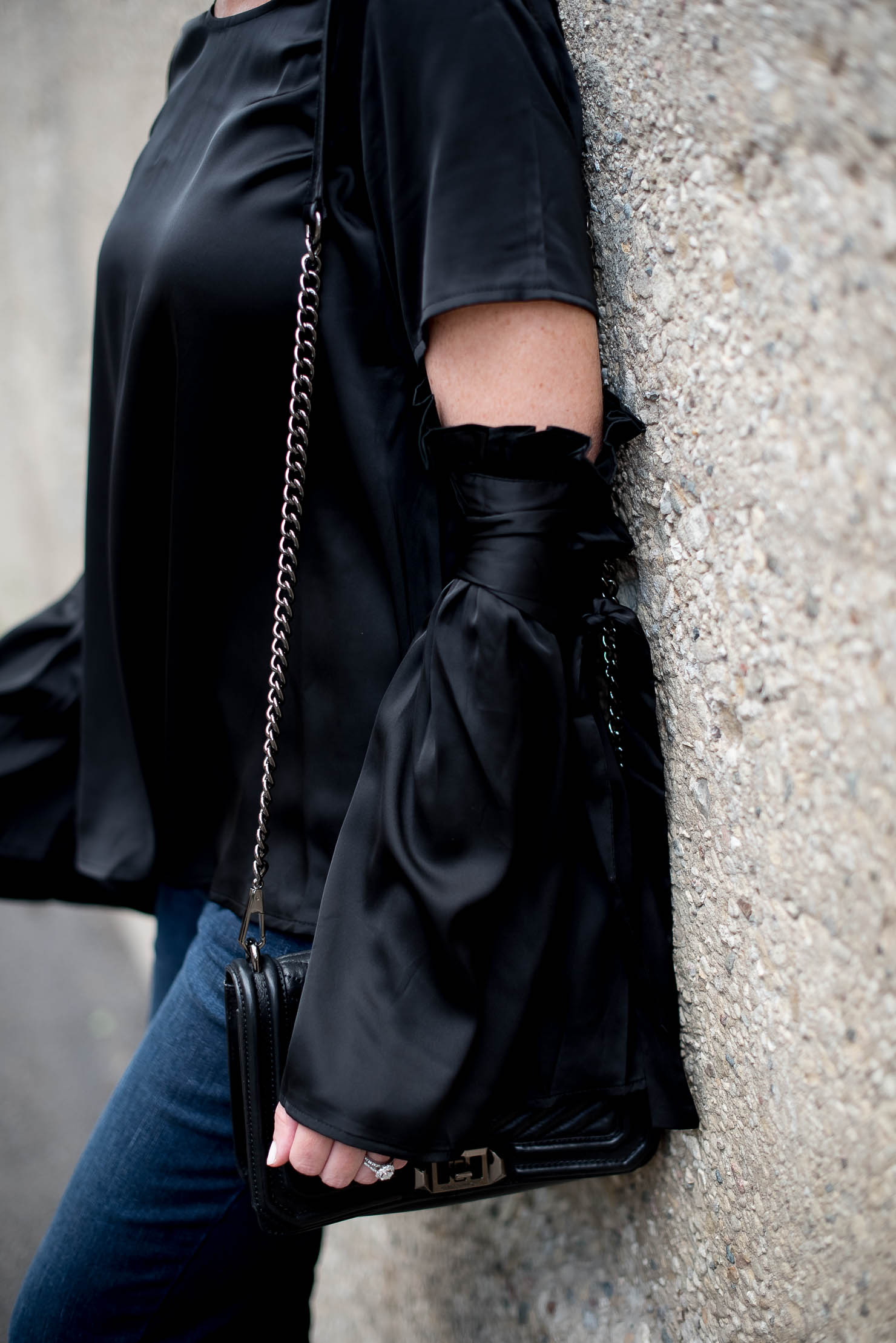 shein-blck-satin-bell-sleeve-blouse-with-ribbobs-dark-wash-flared-jeans-fall-trends-2016-monochromatic-fashion-look-for-less