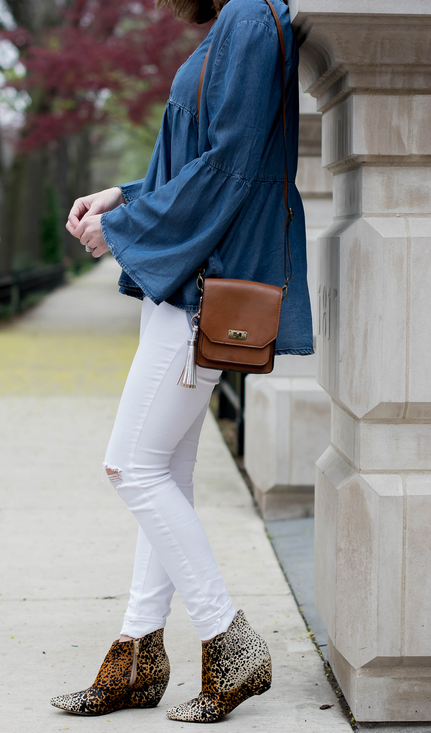 transitioning-white-jeans-for-fall-hm-denim-bell-sleeve-top-matisse-leopard-booties-metallic-bag-tassel-charms