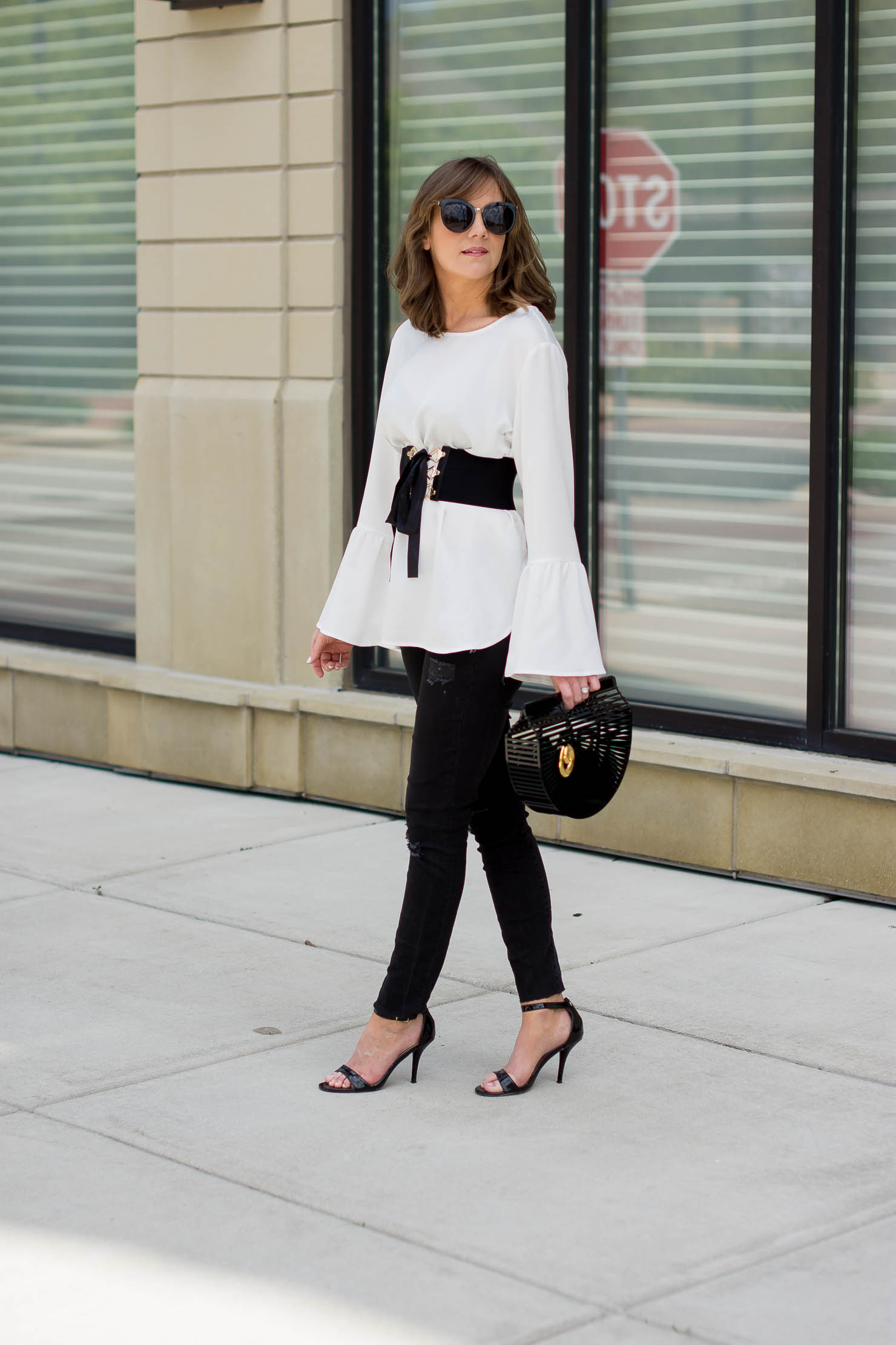 dynamite white bell sleeve blouse, how to wear the corset belt trend, new adventures, how to incorporate vintage into your wardrobe