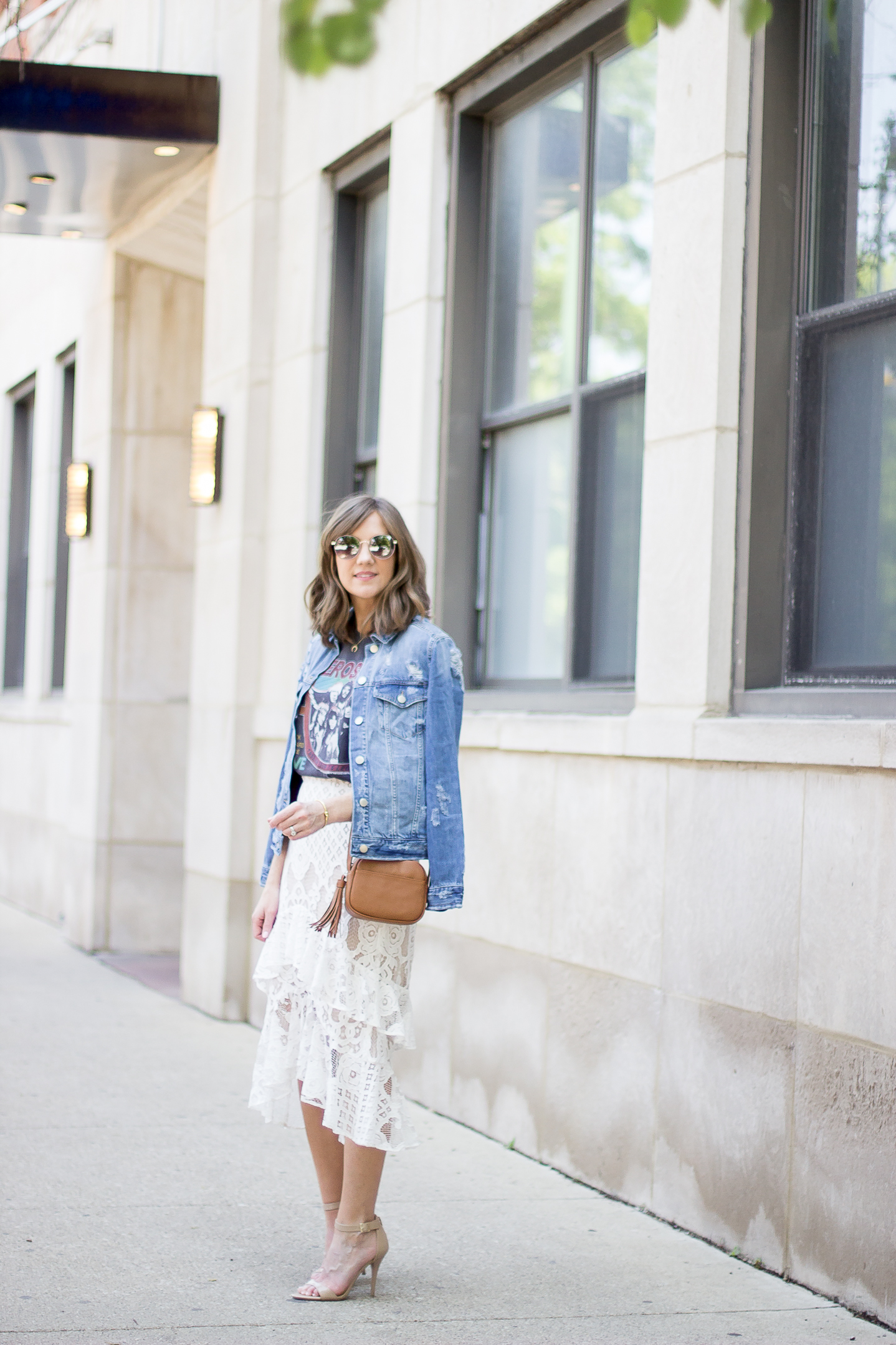 how to pull off the dressy casual trend, chelsea28 tiered lace midi skirt, how to style a graphic tee, distressed denim jacket, the best denim jacket under $75