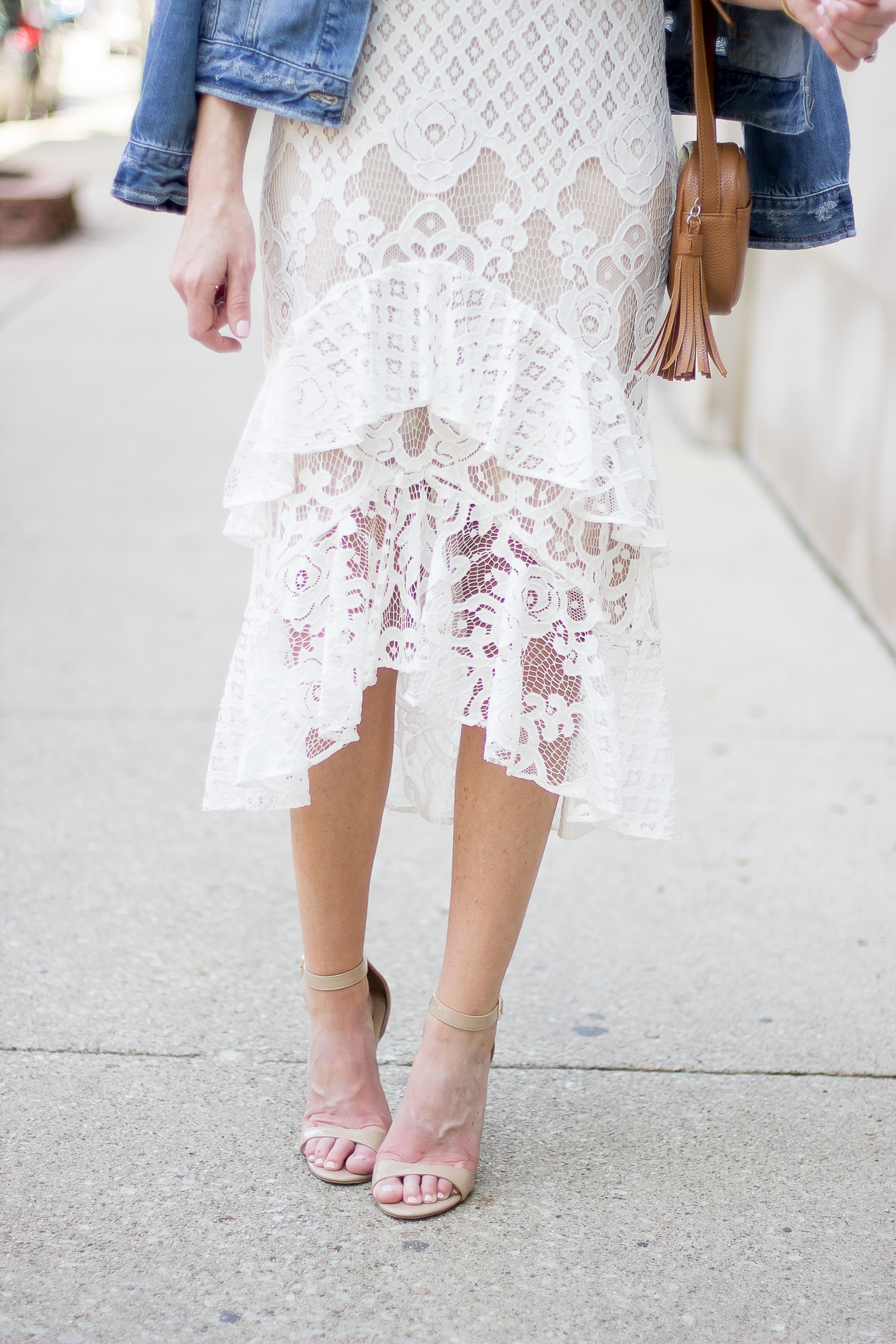how to pull off the dressy casual trend, chelsea28 tiered lace midi skirt, how to style a graphic tee, distressed denim jacket, the best denim jacket under $75
