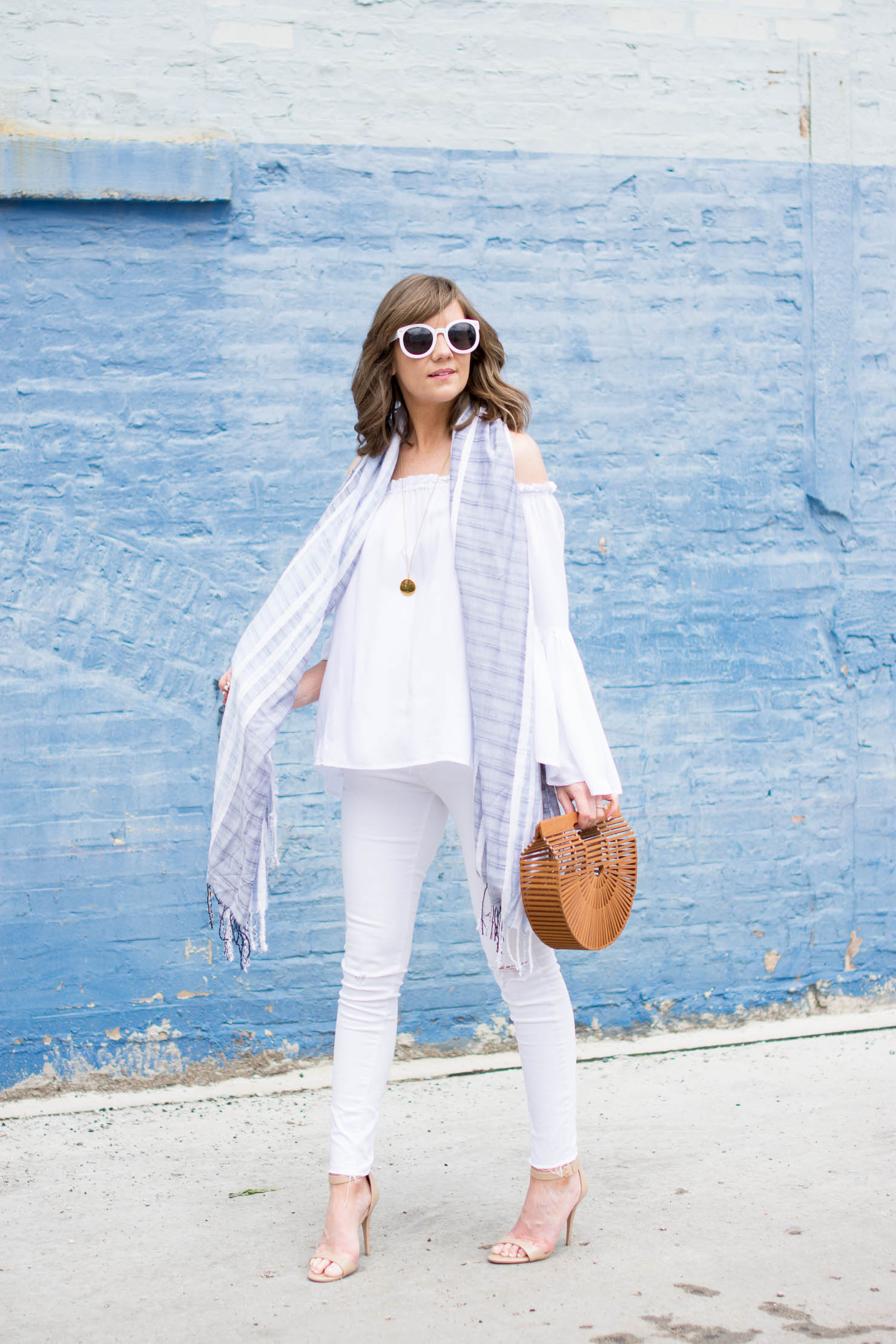 off the shoulder top you should own, white off the shoulder bell sleeve blouse, under $20, all white outfit, white and blue outfit, style on a budget, flowy tops