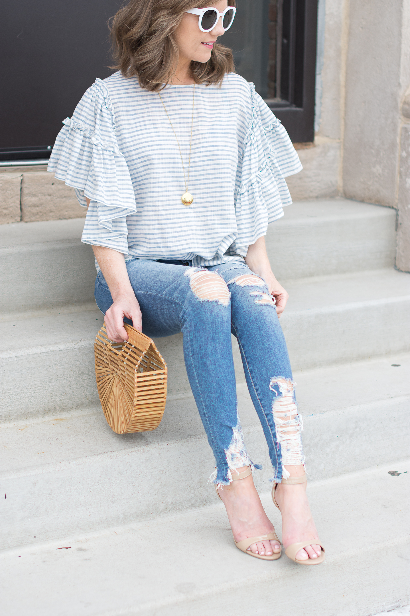 My Fourth of July Outfit: Blue + White + Ruffles, easy fourth of july outfit, who what wear ruffle sleeve blue and white striped blouse, summer style
