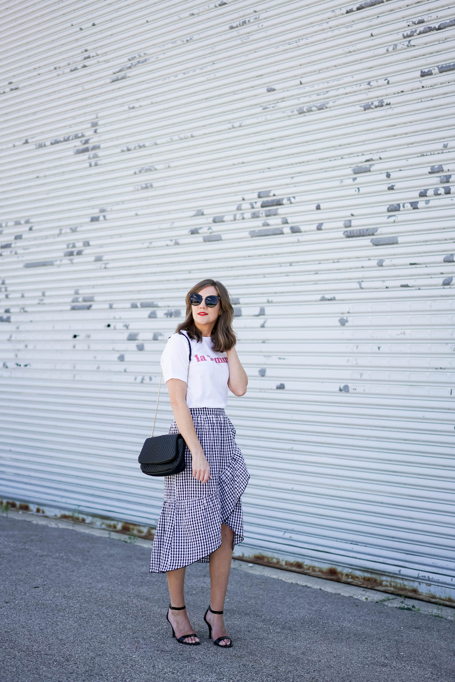 Parisian chic, gingham ruffled midi skirt, la femme tee easy, parisian inspired outfit, how to dress like a french girl, black and white gingham midi skirt