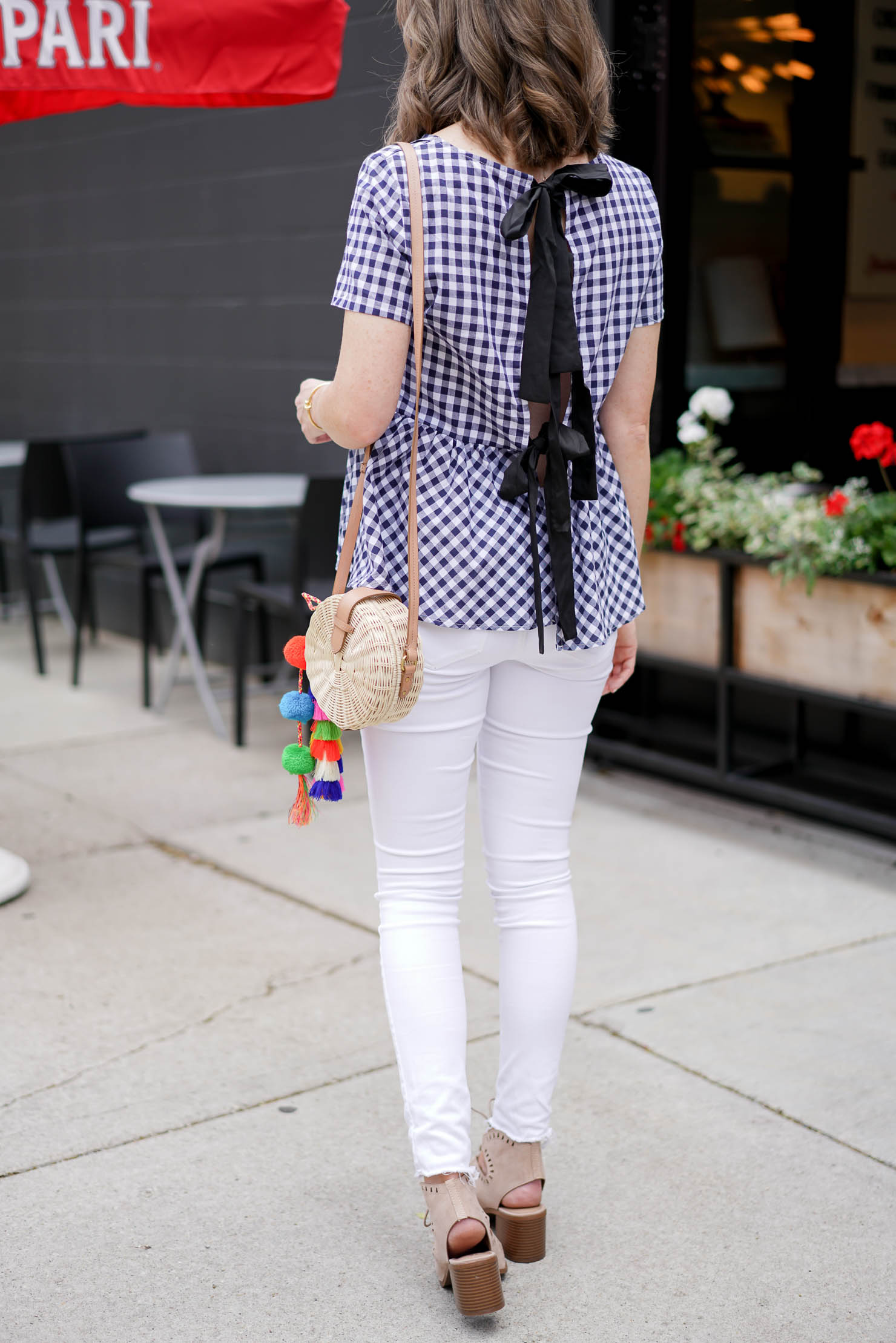 gingham peplum top with ties, j crew straw bag with tassels, the perfect brunch outfit, summer style, summer fashion