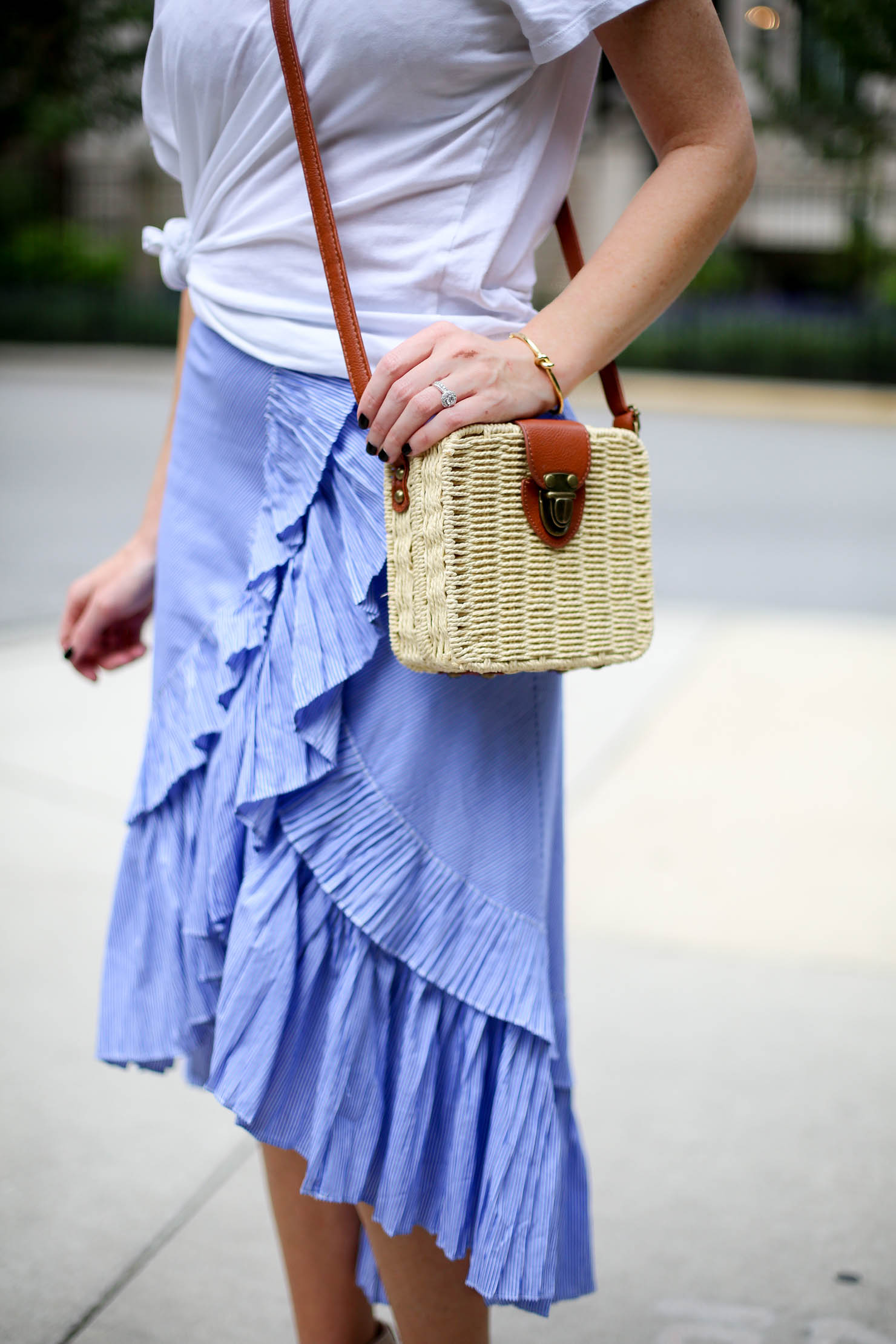 frilled skirt, ruffle tiered frill hem skirt, blue stripe the most feminine skirt midi skirt, casual meets dressy frills and a white tee, favorite summer outfit