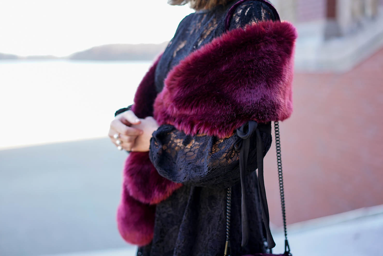Burgundy dress sales with fur shawl