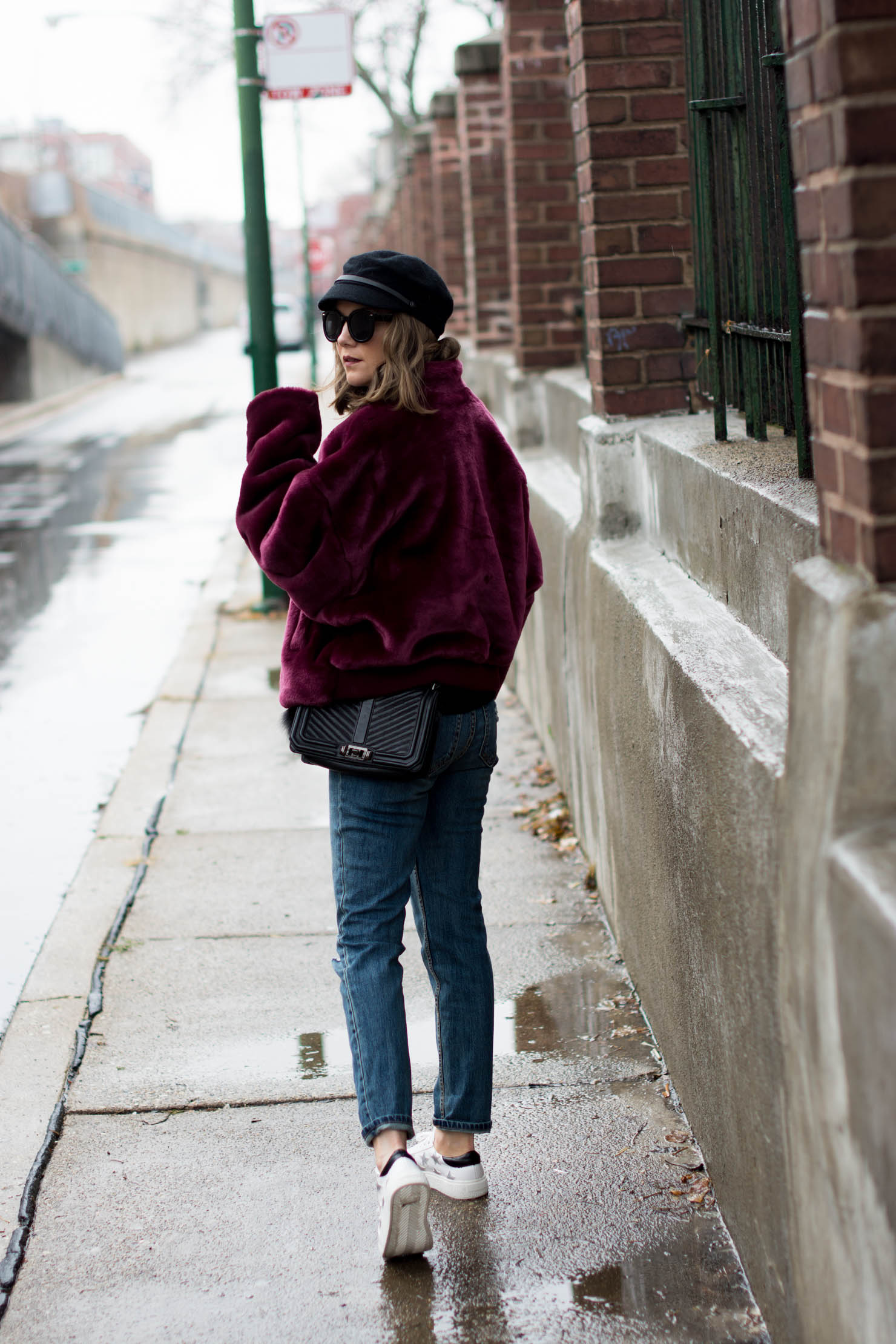 burgundy free people faux fur bomber, how to stay warm and look chic, the sneakers that elevate any outfit, how to style a graphic sweatshirt