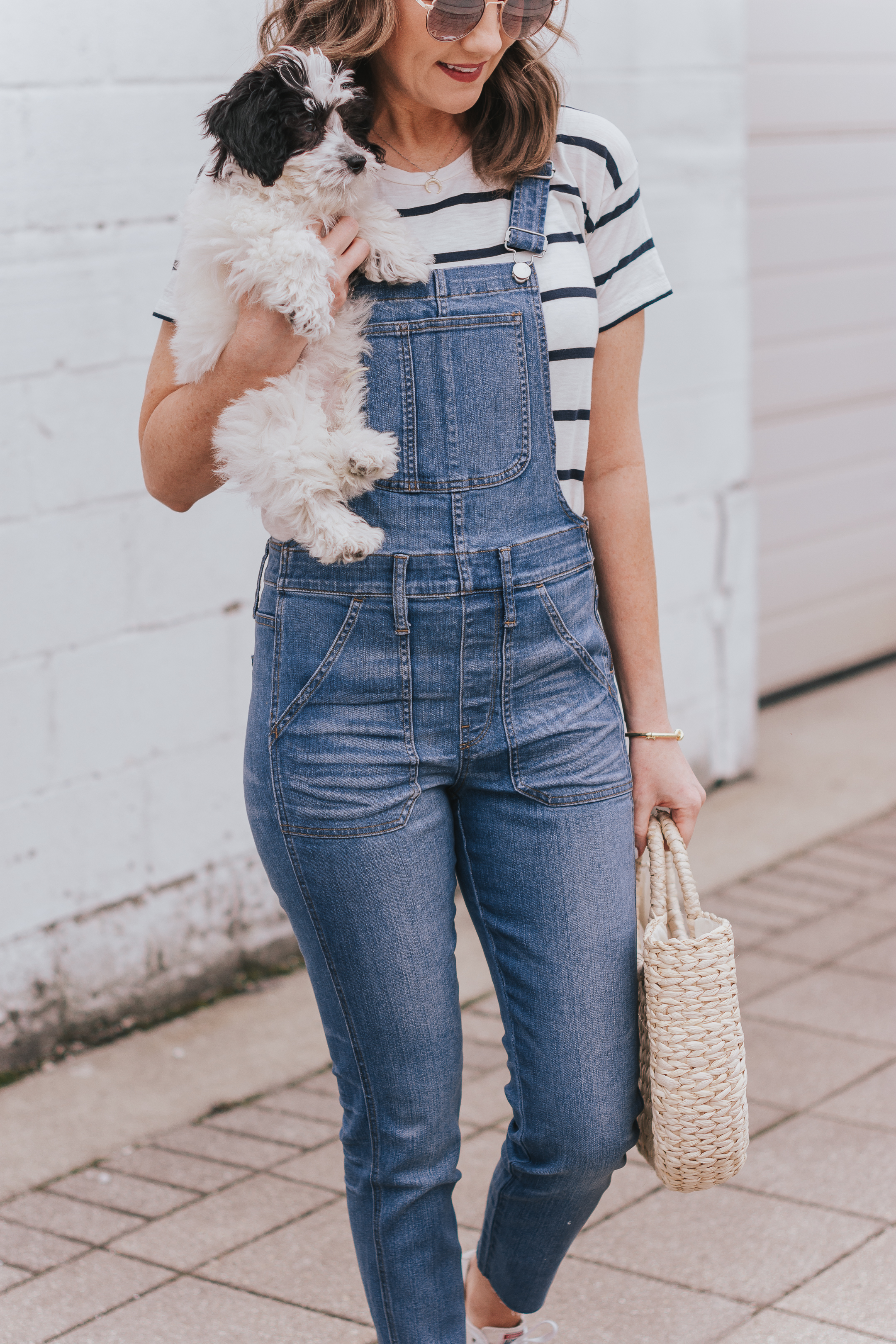 Dexter mini aussie doodle, styling a bandana scarf, madewell skinny overalls, styling overalls at any age, casual overall outfit, easy and cute mom outfit, two ways to style a bandana scarf