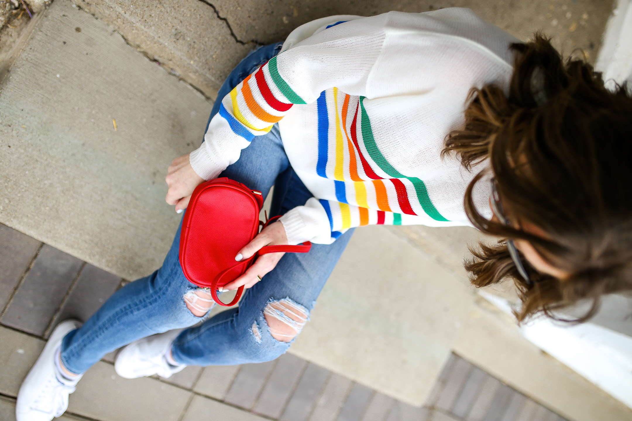 the importance of taking me time as a mom, rainbow striped sweater, cute casual weekend look, higher grounds coffee maintaining friendships, the importance of friendships in a womans life