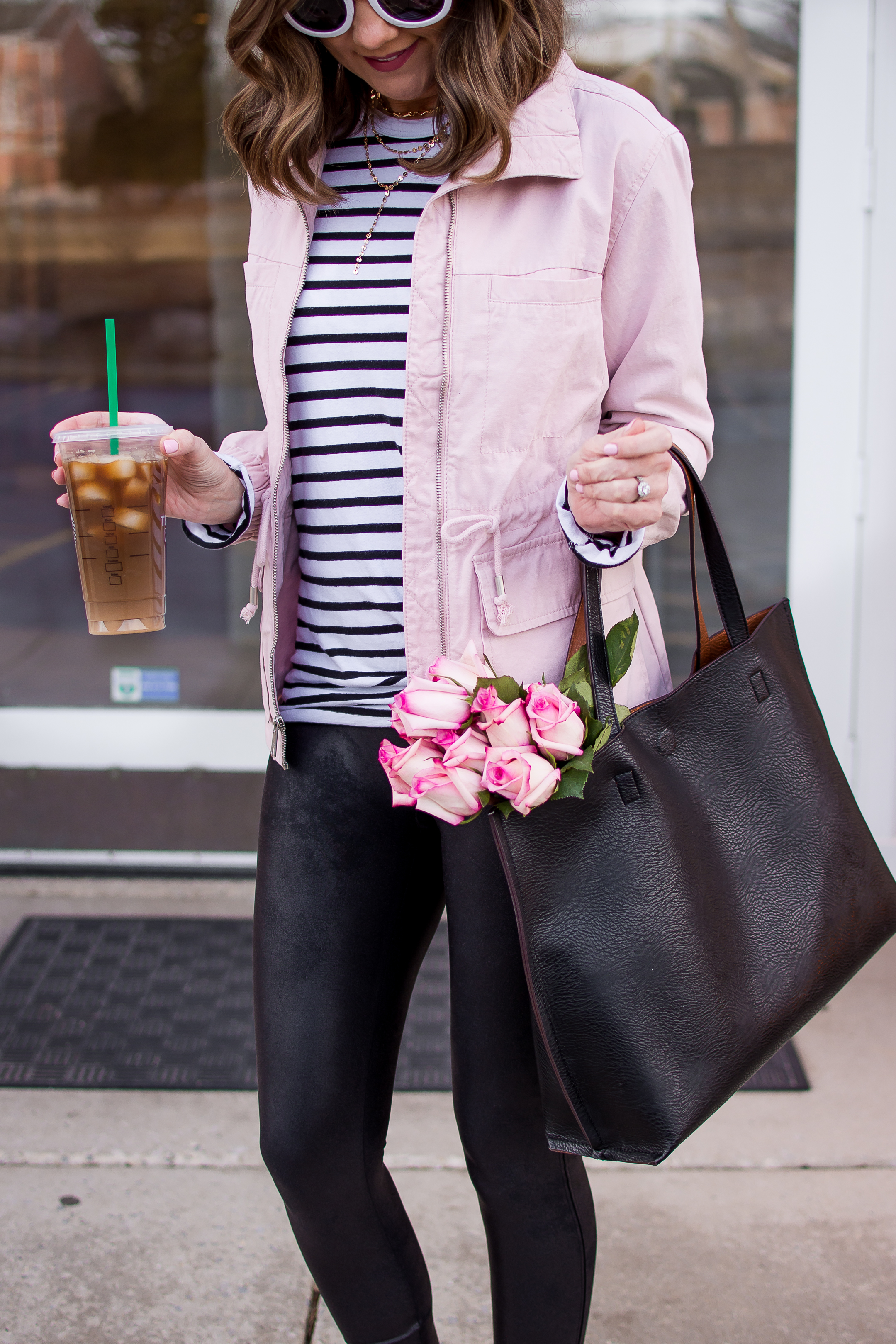 spring-fashion-2018-old-navy-pink-field-jacket-how-to-style-faux-leather- leggings-as-a-mom-comfy-and-cute-mom-outfit-casual-faux-leather-leggings- outfit-4 - Wishes \u0026 Reality