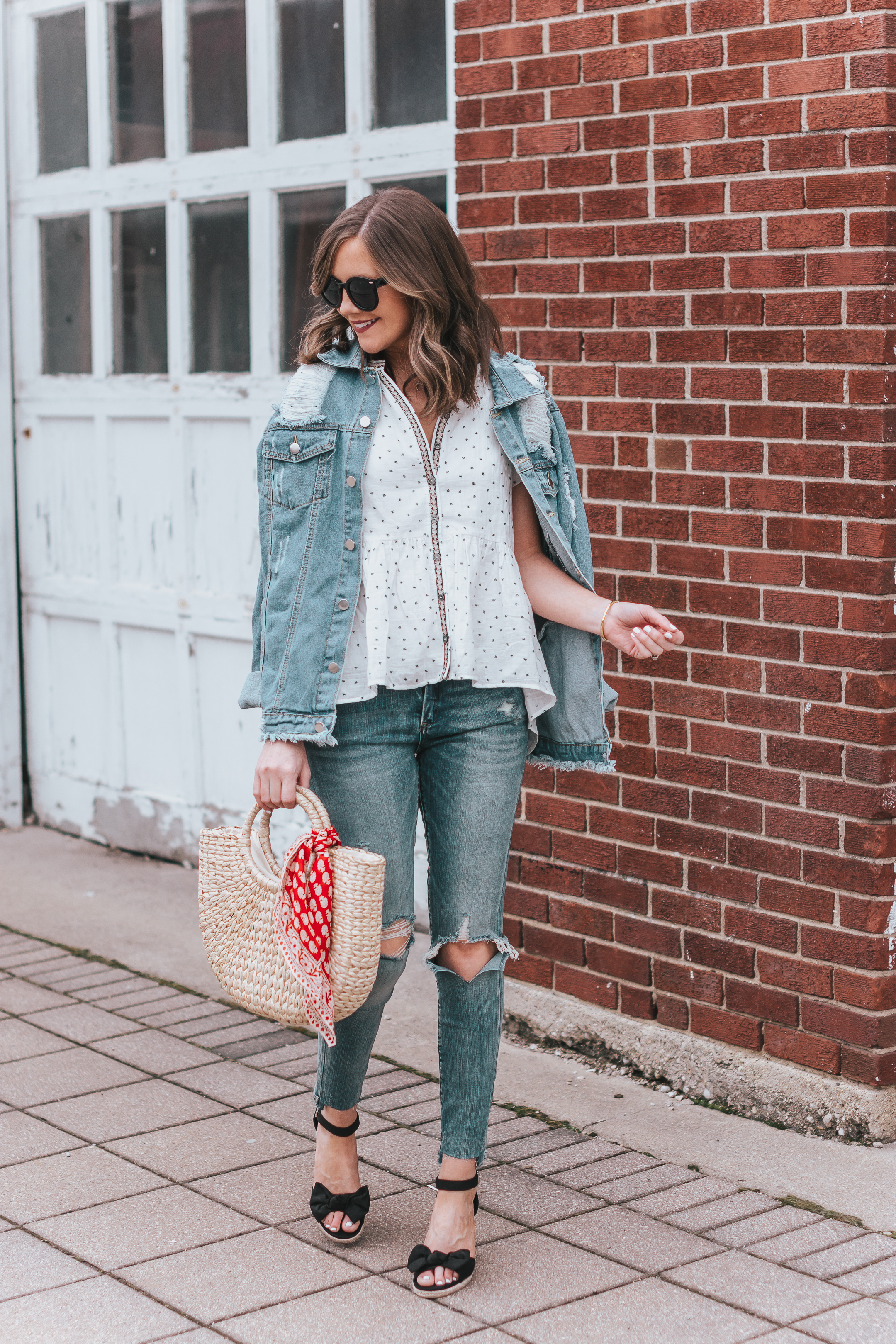 authenticity in blogging, trustworthy bloggers, distressed boyfriend jean jacket bow wedges, Roolee boutique, easy spring outfit formula, dressing up jeans for spring