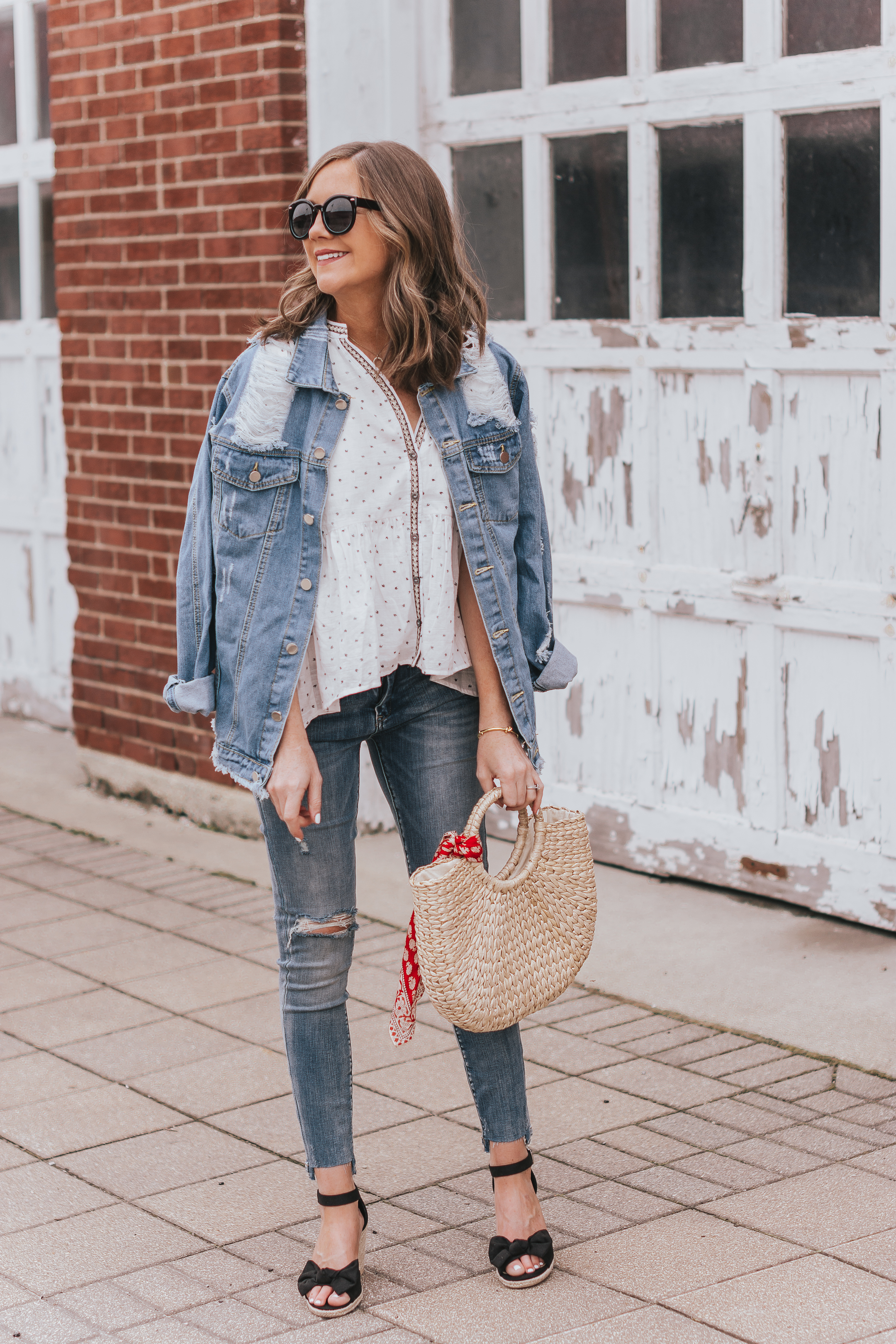 authenticity in blogging, trustworthy bloggers, distressed boyfriend jean jacket bow wedges, Roolee boutique, easy spring outfit formula, dressing up jeans for spring