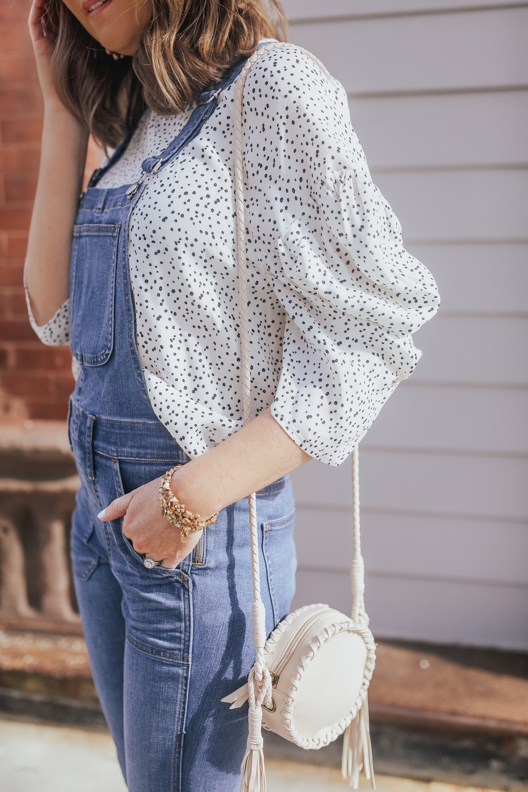 anyone can wear overalls, how to dress up overalls, skinny overalls and a bloused top, polka dot blouse, overalls that flatter every body type