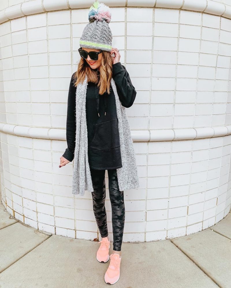 Ways to Style Leggings, black-tunic-sweatshirt-camo-spanx-faux-leather-leggings-pink-adidas-sneakers-monochromatic-outfit