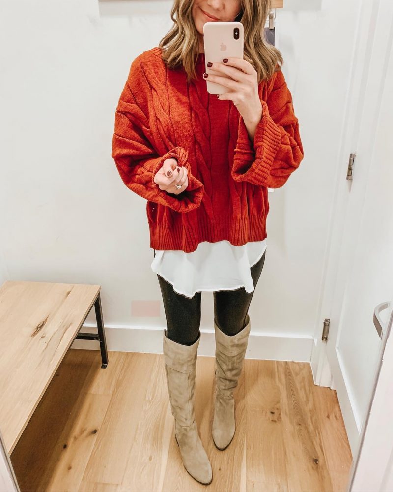 Ways to Style Leggings, cropped-sweater-styling-a-cropped-sweater-tunic-blouse-spanx-faux-leather-leggings-over-the-knee-boots-how-to-layer