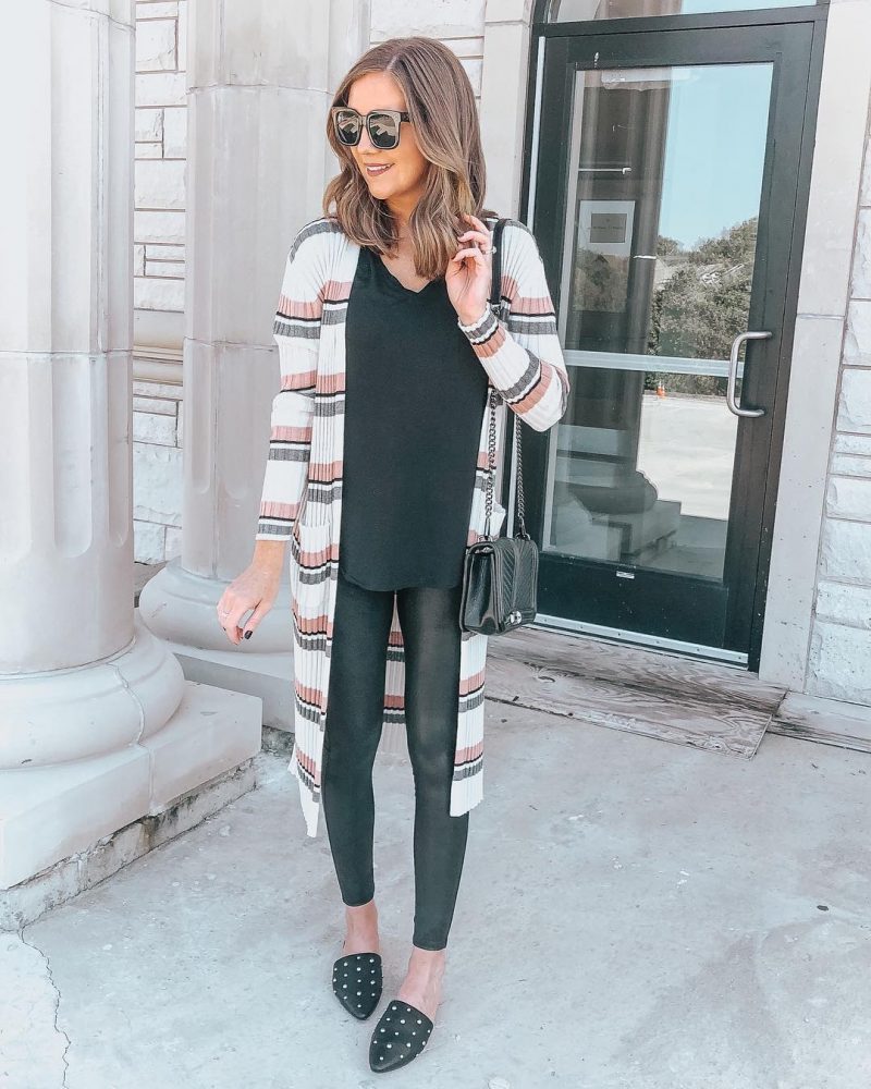 Ways to Style Leggings, long-cardigan-spanx-faux-leather-leggings-leggings-outfit-all-black-outfit-slimming-outfit