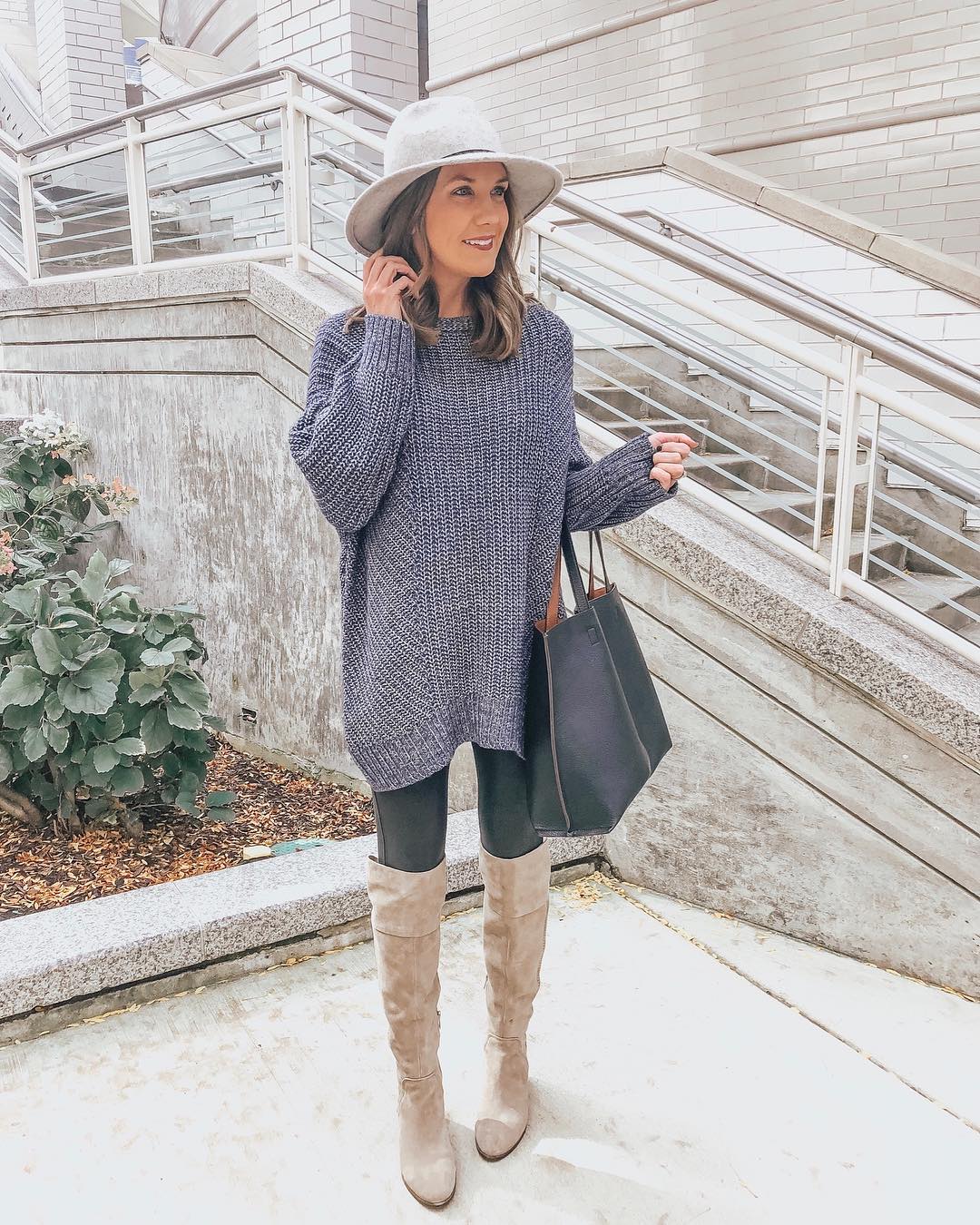 Cobalt Blue Sweater, Black leggings with brown boots