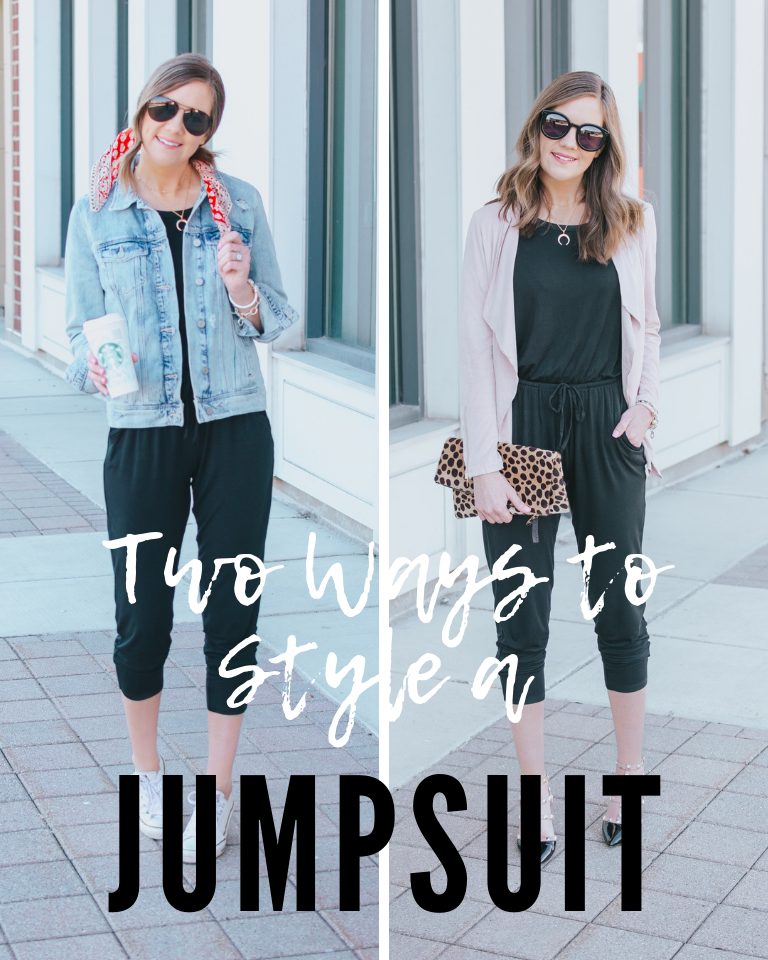 how to style a black jumpsuit, 2 ways to style a jumpsuit, black Express jumpsuit, dressy and casual
