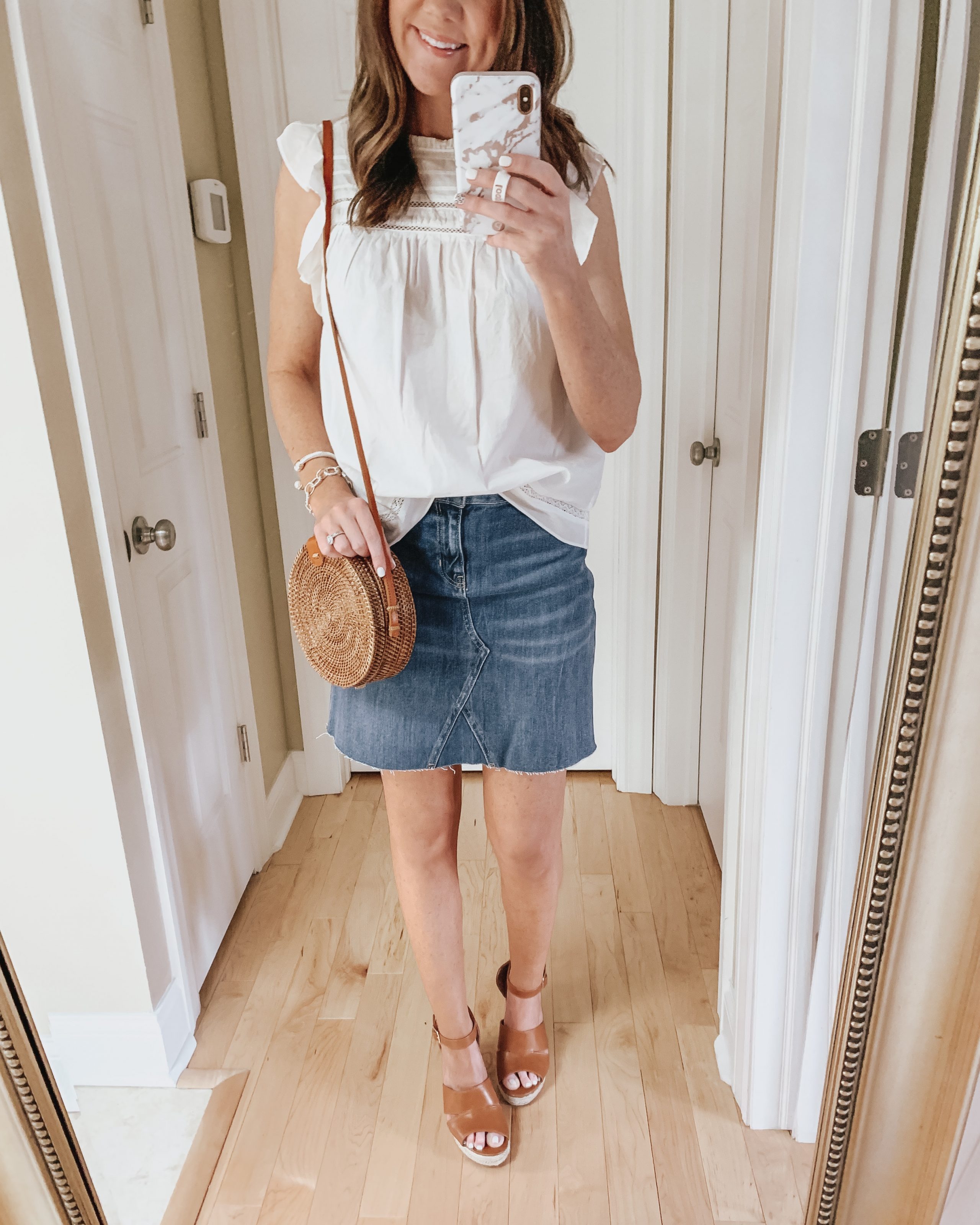 six ways to style a skirt, denim skirt, Old Navy, dressy, wedges, ruffle blouse