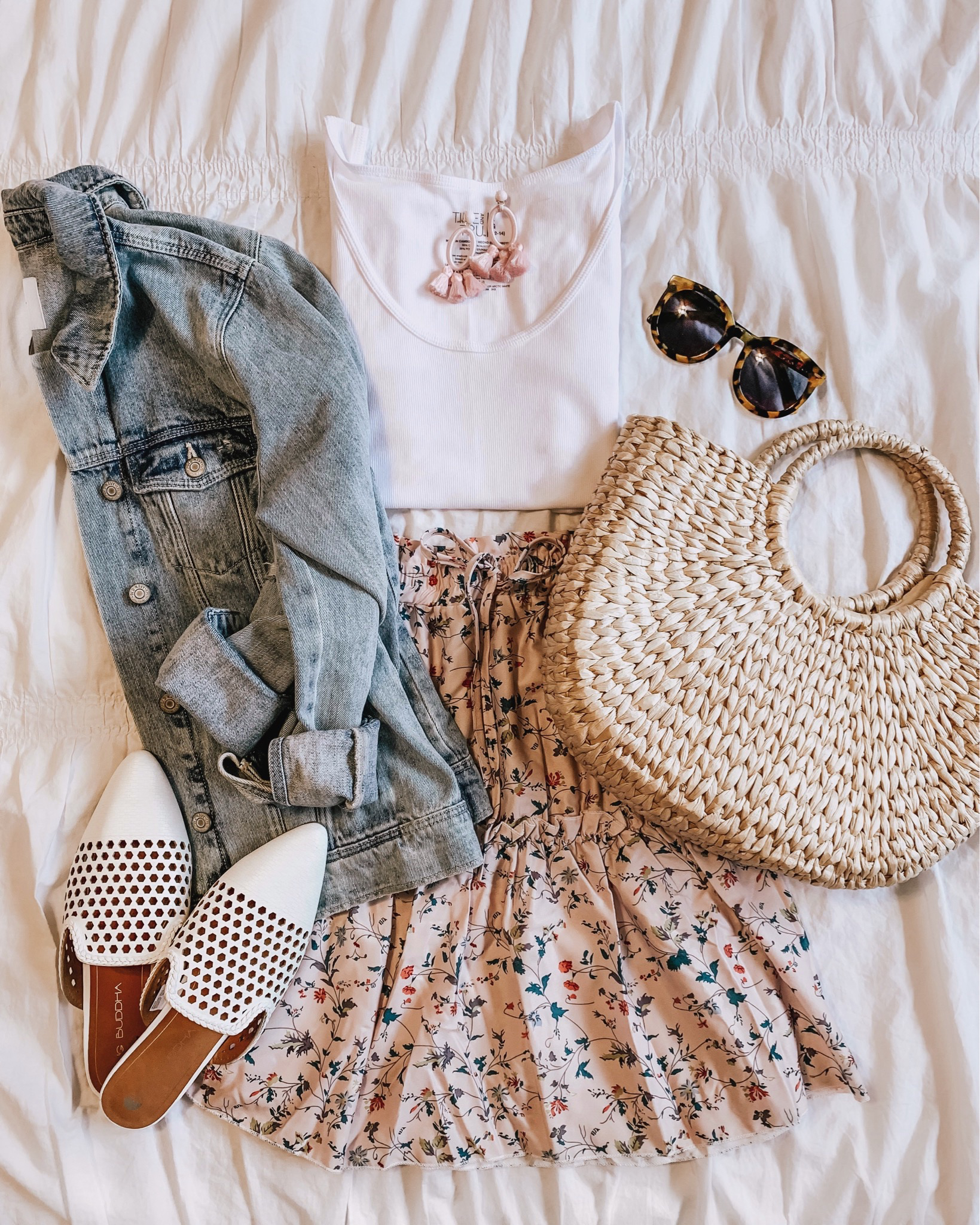 versatile dresses and skirts, how to shop social media, feminine mini skirt outfit, denim jacket pink, mules, Amazon fashion, tiered mini skirt