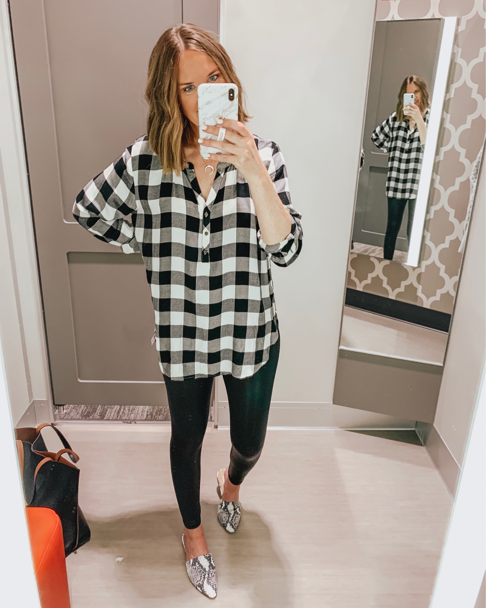 plaid shirt and leggings outfit