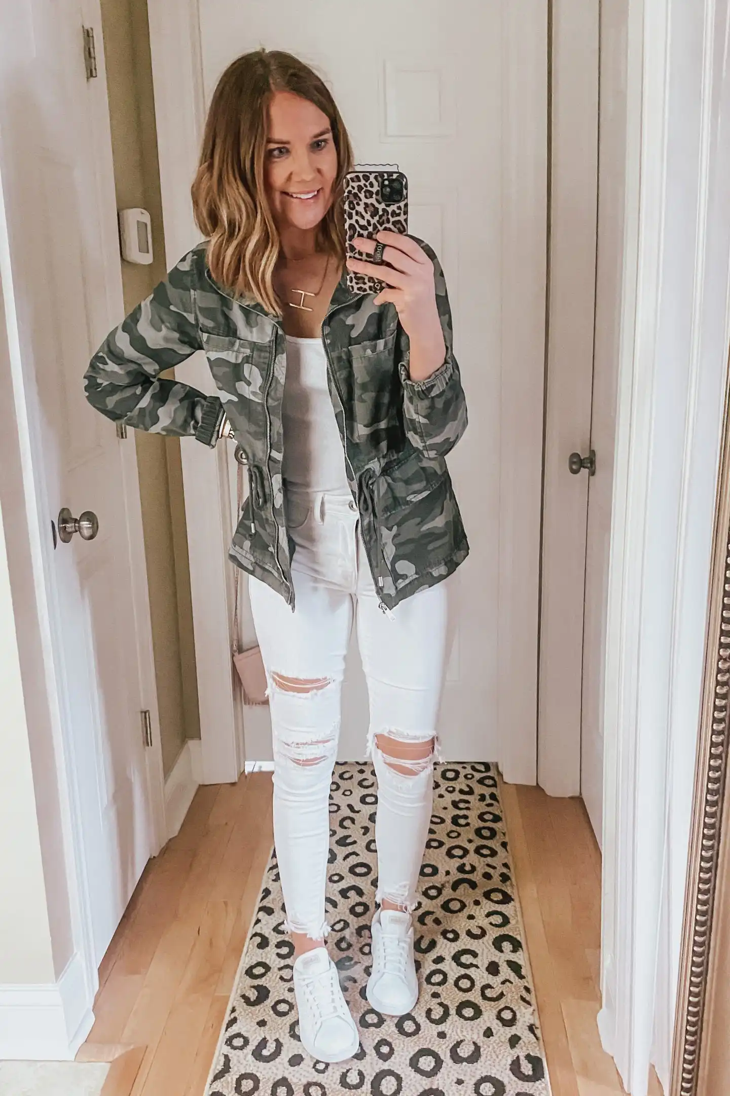all white monochromatic outfit, camo utility jacket