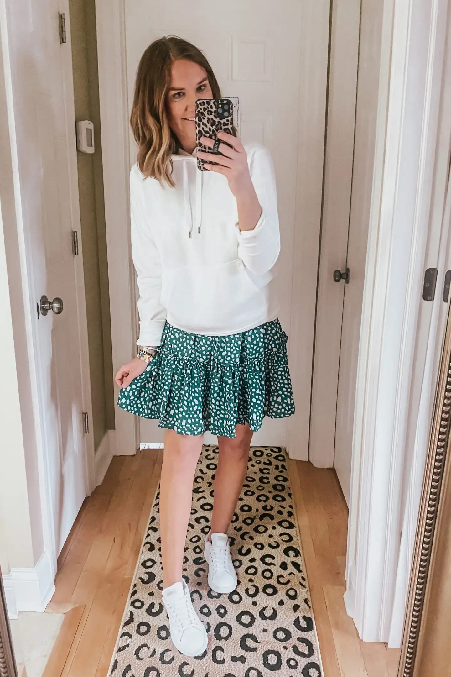 how to wear sneakers with a skirt, how to style white sneakers