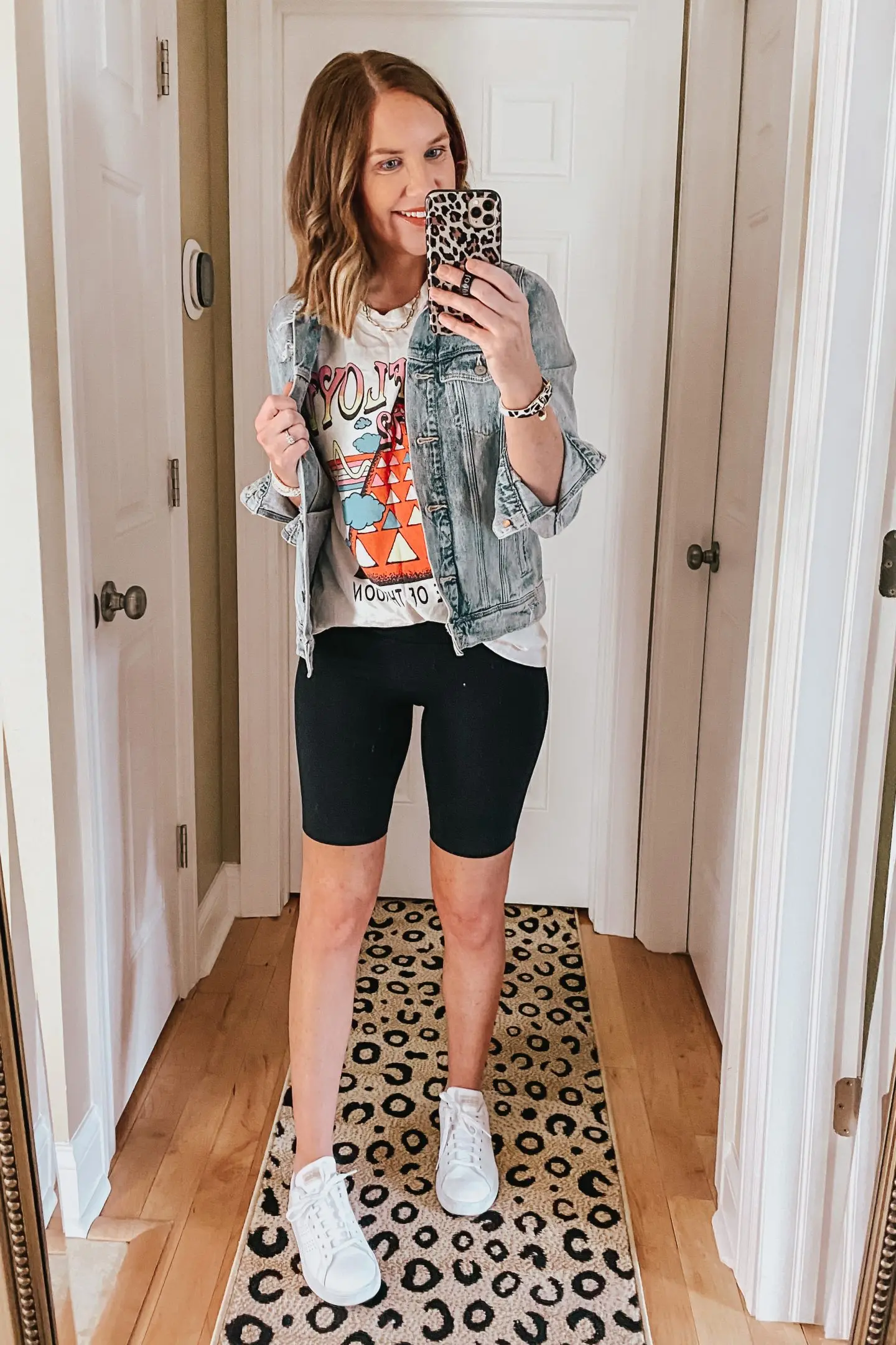 biker shorts and jean jacket