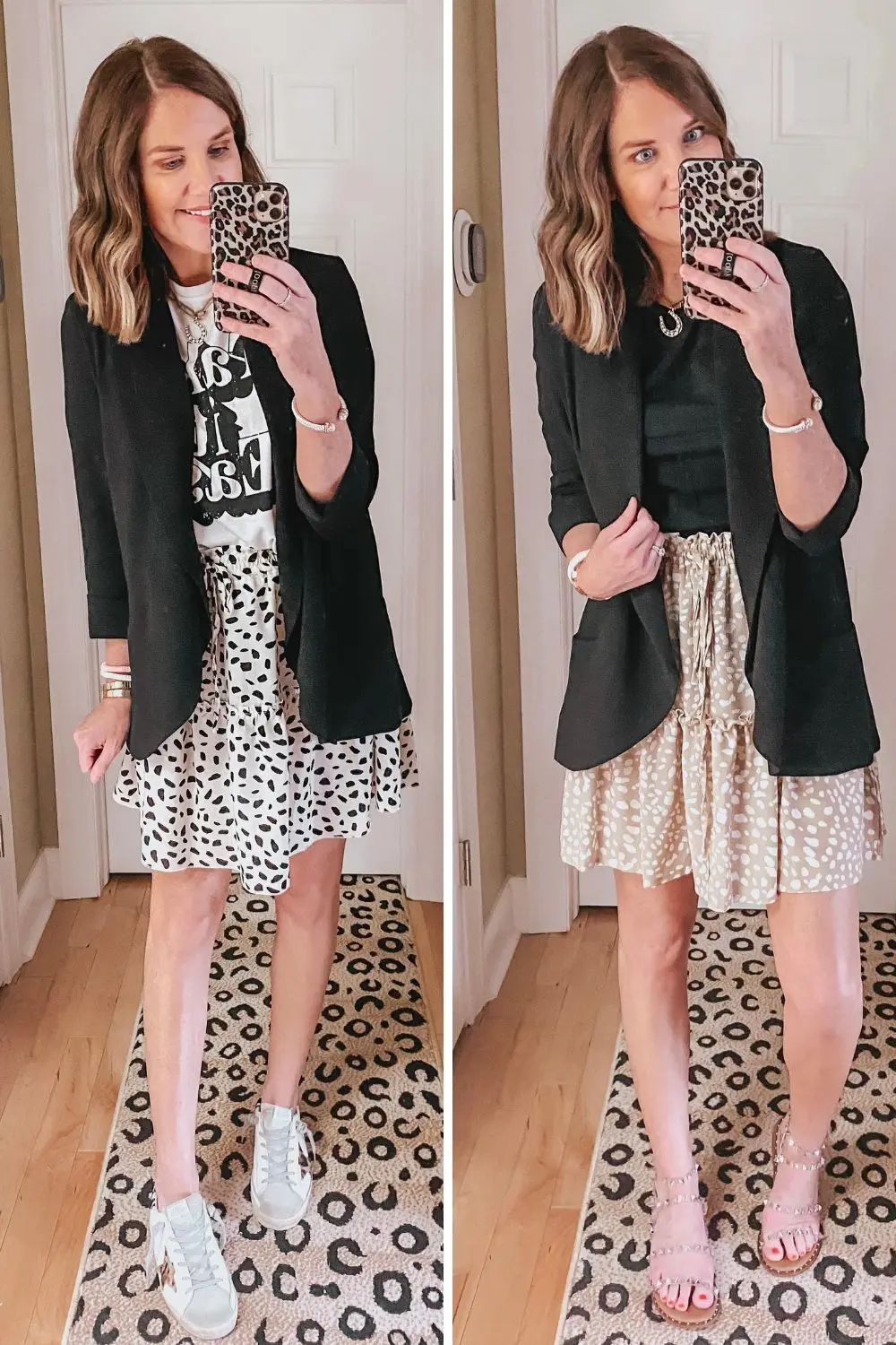 how-to-style-a-blazer-graphic-tee-ruffle-mini-skirt